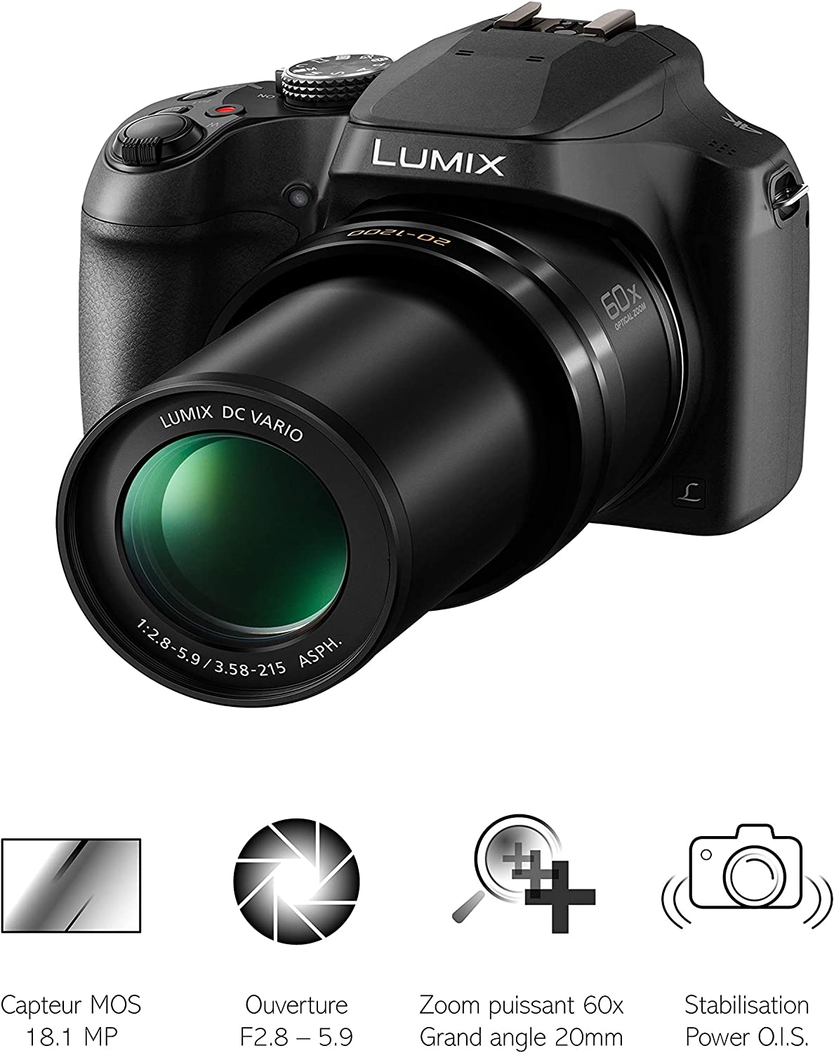 Panasonic Lumix FZ82 | Appareil Photo Bridge Zoom Puissant (Capteur 18MP, Zoom Lumix 60x F2.8-5.9, Grand angle 20mm, Viseur, Ecran tactile, Vidéo 4K, Stabilisation) Noir – Version Française