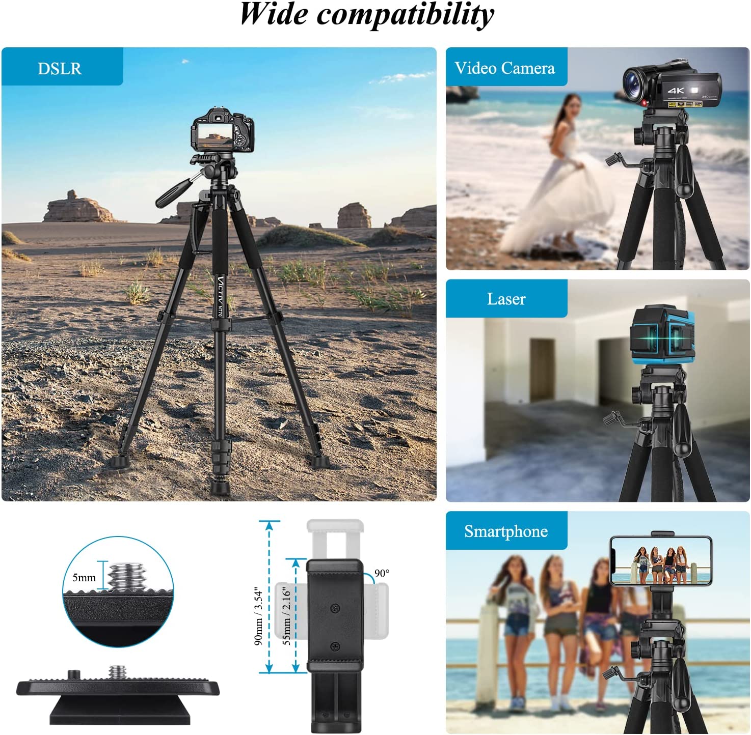 répied Appareil Photo pour Smartphone, Victiv 185cm Trépied Caméra en Alliage Aluminium Léger, avec tête pan Amovible à 3 Voies, Trépied Photo Compatible DSLR Nikon Canon Camera