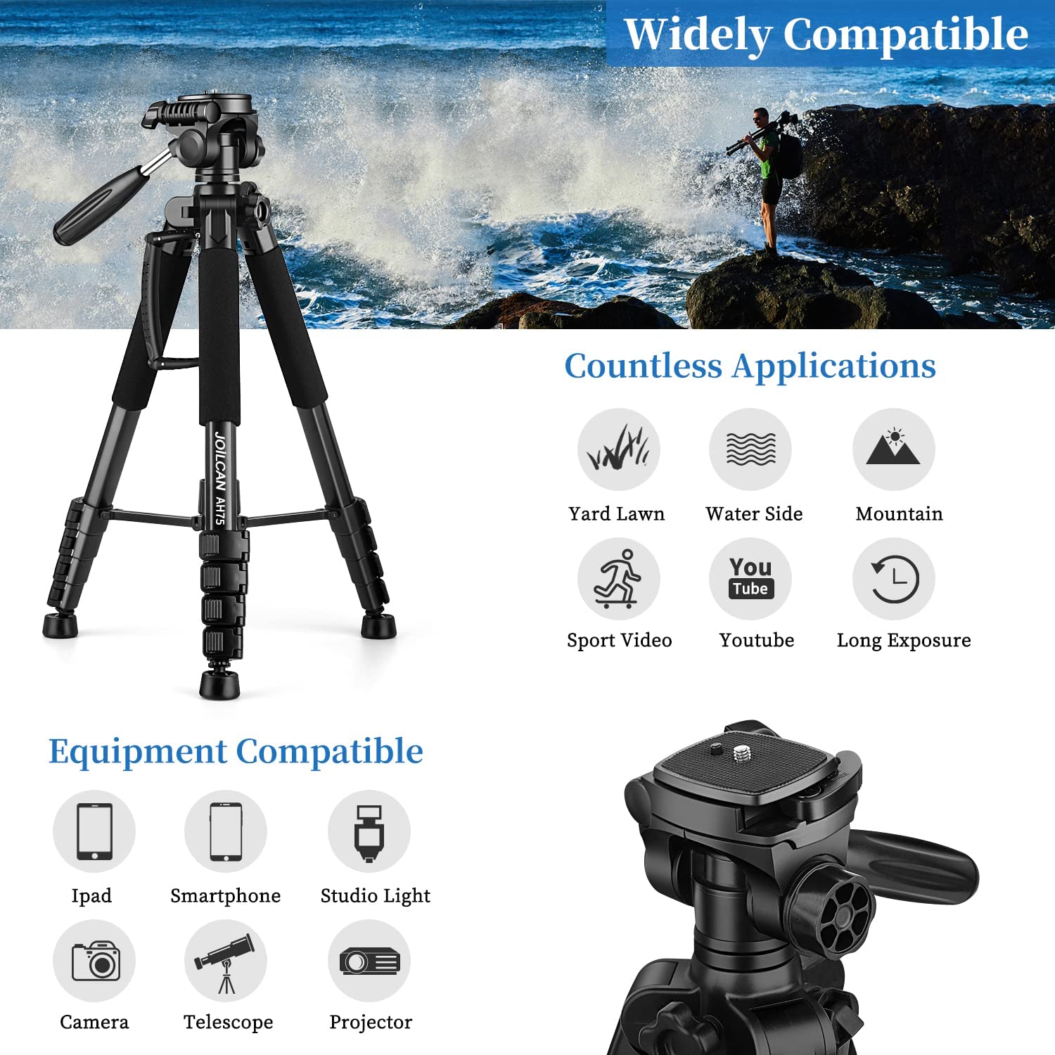 OILCAN 187cm Trépied pour Appareil Photo, Professionnel Aluminium Trépied Caméra avec tête pan Amovible à 3 Voies, Portable Trépied Photo avec téléphone Support Convient aux caméscope DSLR